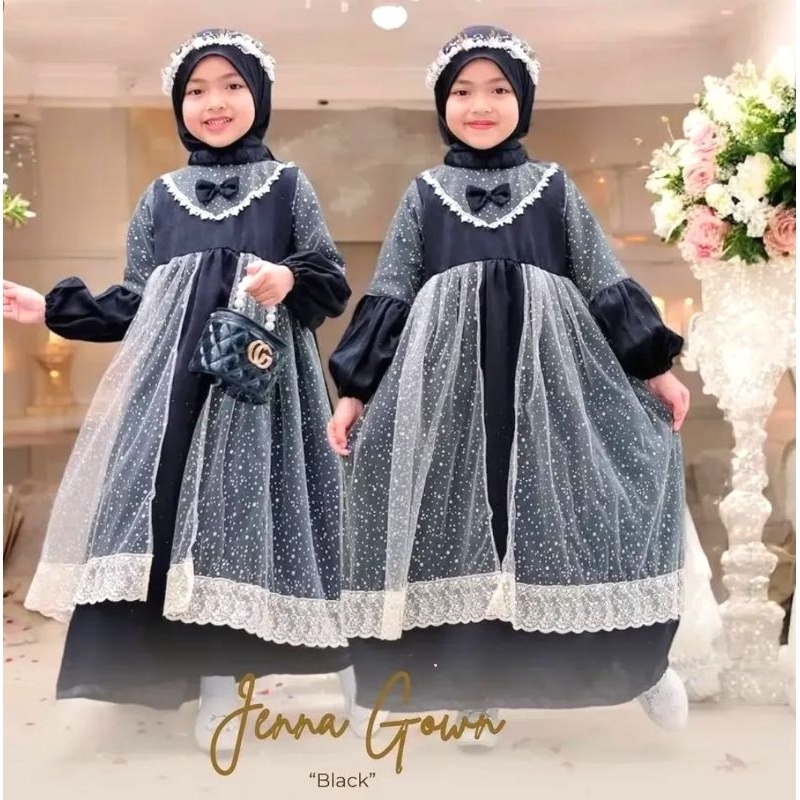 Gamis Anak 8 9 10 Tahun Crinkle Tulle Renda Hitam Terbaru Fashion Muslim Anak Perempuan Dress Pesta 