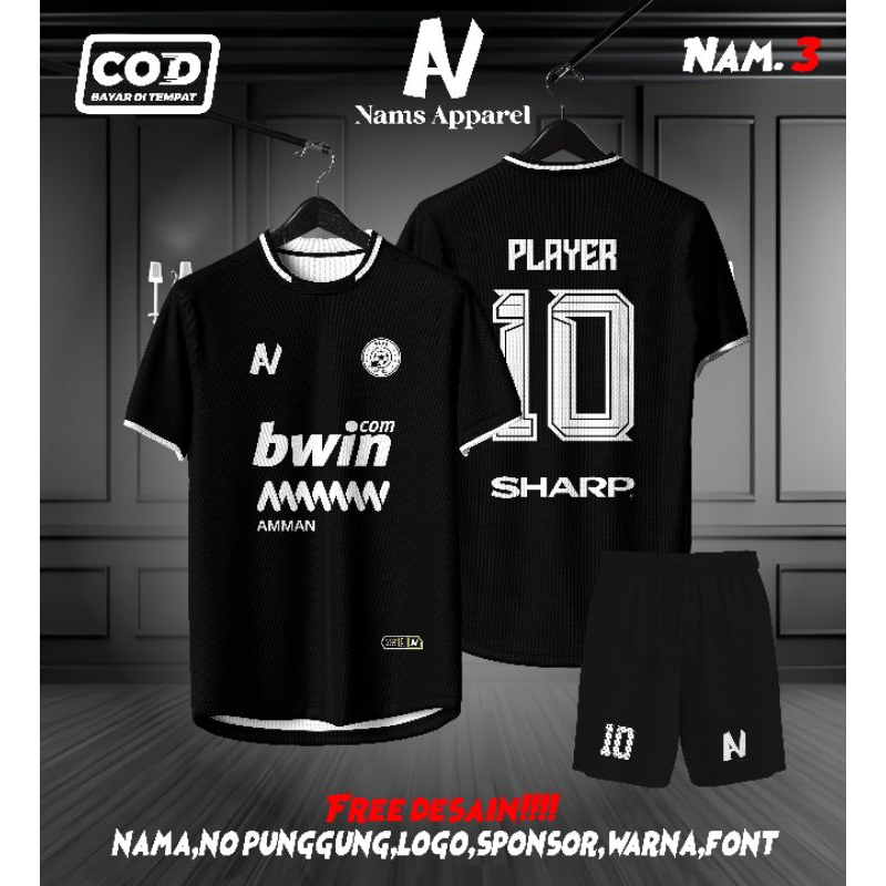 JERSEY FUTSAL / SEPAKBOLA FULL PRINTING HITAM KEREN BEBAS CUSTOM DESIGN FREE NAMA DAN NOMOR PUNGGUNG