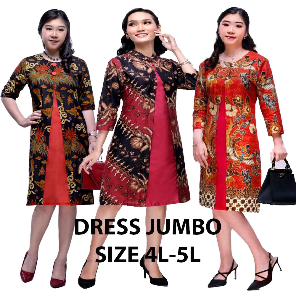 Dress Kerja Wanita Tunik Jumbo 4L 5L Batik Katun Merah