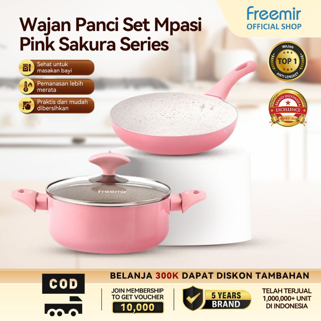 [OFFICIAL MALL] freemir Set 2 Wajan Panci Sakura Series dengan Tutup Kaca Multifungsi Anti Lengket