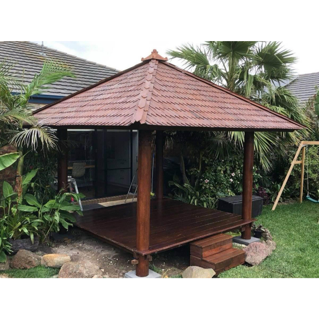 gazebo minimalis kayu jati atap sirap ulin