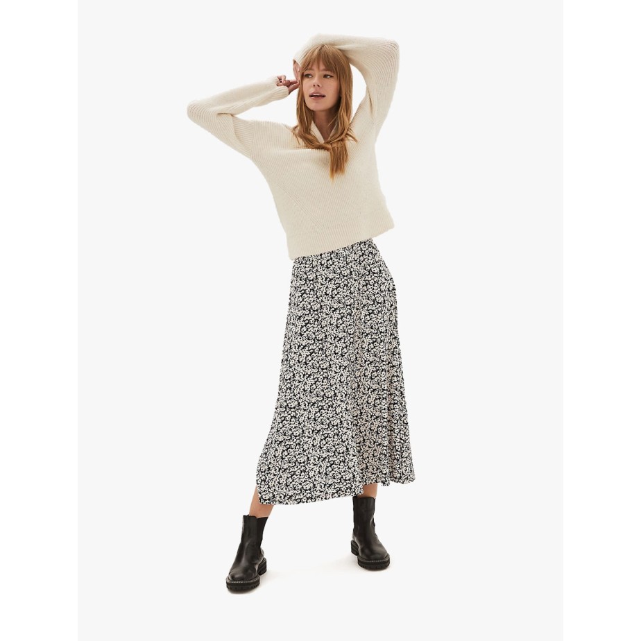 ROK Wanita Mark & Spencer - Rok Jersey Floral Midaxi Skater Skirt - Black Mix, UK 8/REG