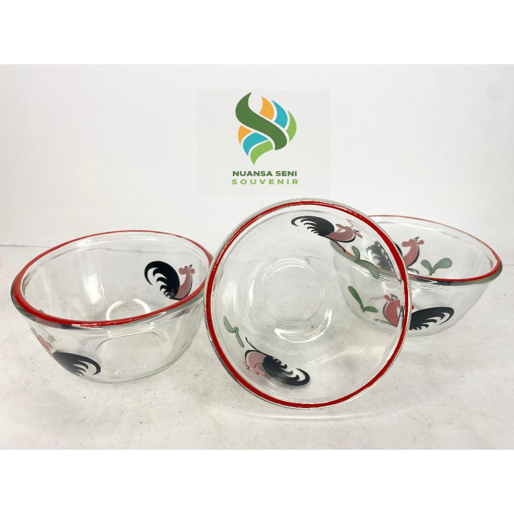 Souvenir Mangkok Kaca BIB4B Mangkuk Sambal Kaca Motif Ayam Jago Mangkok Beling Sambel Mangkuk Ayam