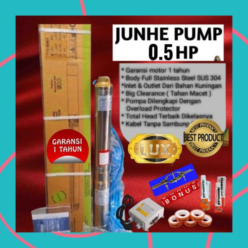 PROMO Pompa satelit 3inch JUNHE Pumps 0.5Hp Dinamo TEMBAGA PLUS COMPLETE set 40 meter Kabel gold nat