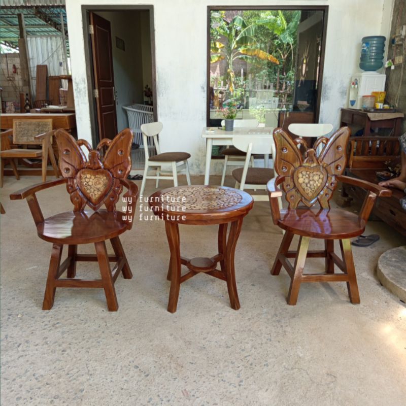 Set Teras 2 kursi 1 Meja kayu jati, kursi teras kupu - kupu kayu jati, kursi cafe kayu jati