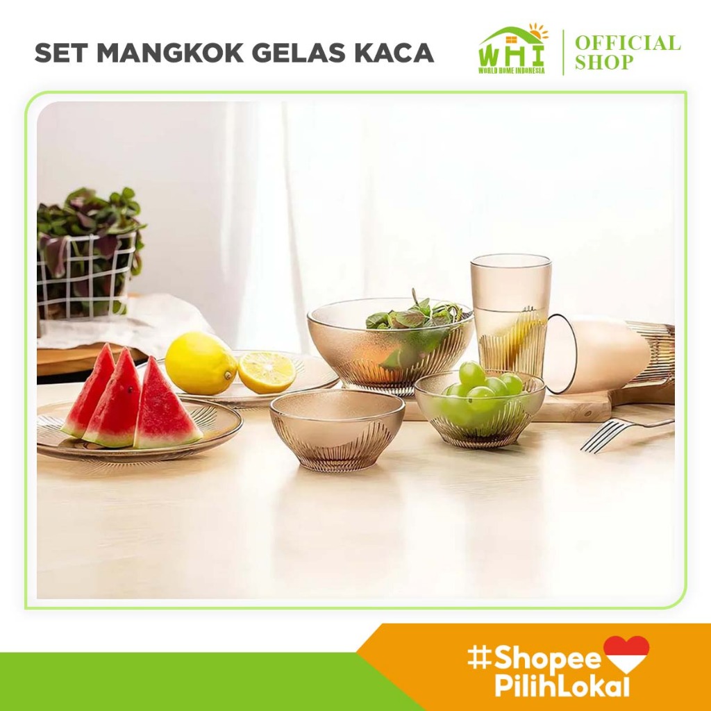 WORLD HOME SET MANGKOK PIRING GELAS KACA ISI 6 SET PERALATAN MAKAN GELAS CANTIK SOUVENIR KADO BL-8