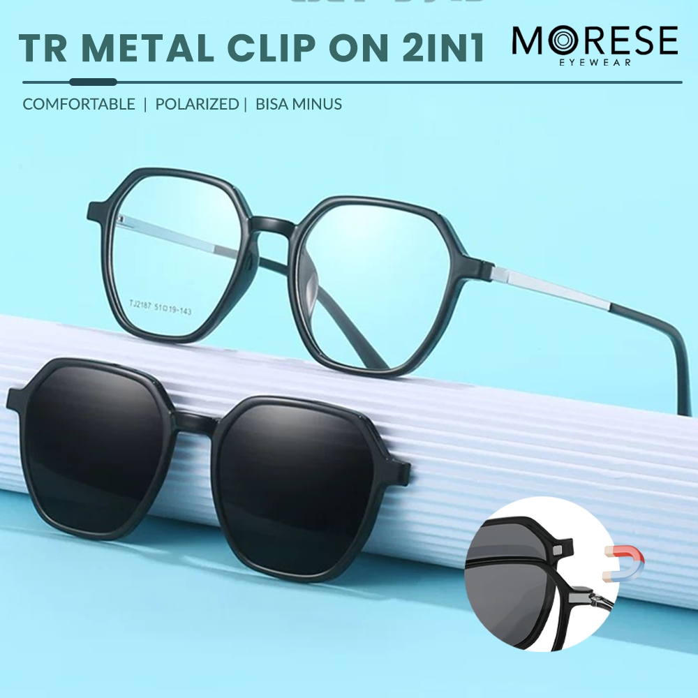 Morese Clip On Kacamata 2in1 Model Kotak Clip UV 400 Protection Metal+TR90 Ringan Fashion Wanita Pri