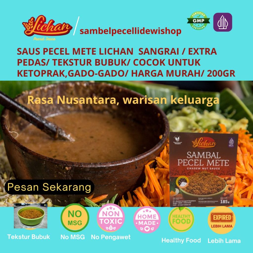 

Sambel/Bumbu Pecel Mete Sangrai Lichan/Ext. Pedas/Tekstur Bubuk/200gr/30.000