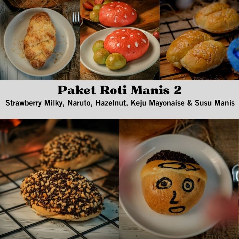 

Paket Roti Manis 2 isi Roti Strawberry Milky, Naruto, Hazelnut, Keju Mayo, Susu Manis