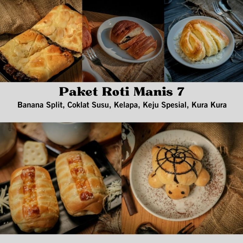 

Paket Roti Manis 7 isi Roti Kelapa, Banana Split, Kura-Kura, Keju Spesial, Coklat Susu