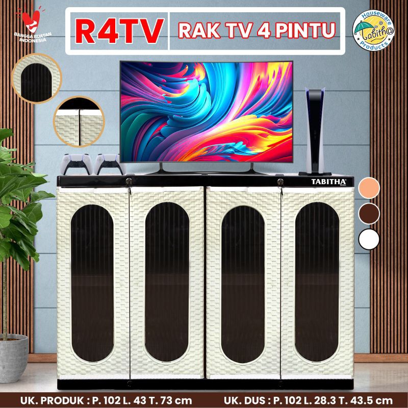 Meja rak TV Plastik Tabitha 4 Pintu Pintu Bening R4TV Kaca Akrilik - Cream Coklat Abu-Abu Loker Serb