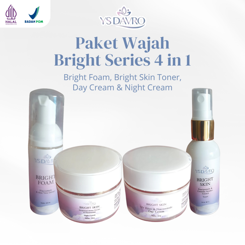 YS DAVRO Paket Wajah Bright Series 4in1 Mencerahkan Wajah Kulit Glowing Anti Kusam Skincare BPOM