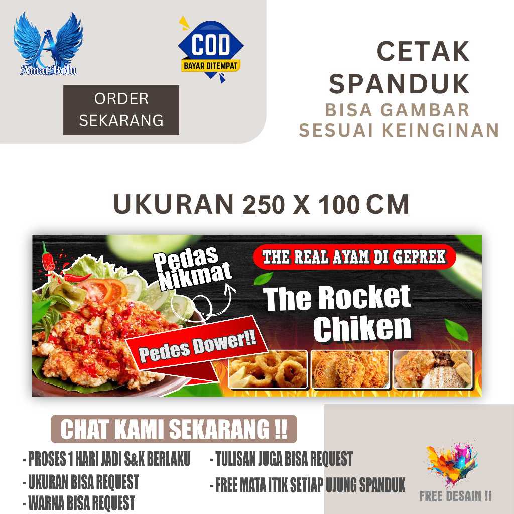 Cetak Spanduk Banner ROCKET CHICKEN MANTAP Ukuran 250X100 Costom Desain