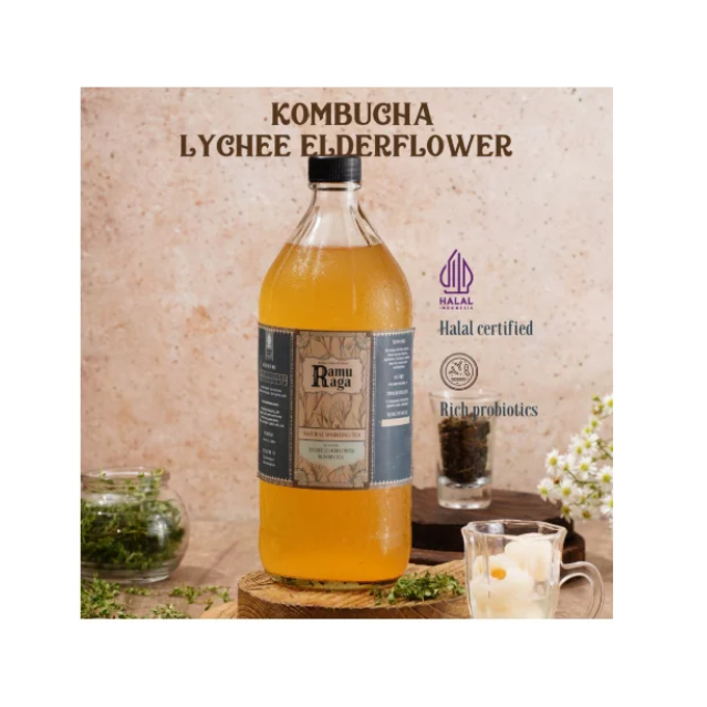 

Ramu Raga Lychee Elderflower Kombucha Teh Fermentasi Probiotik Leci