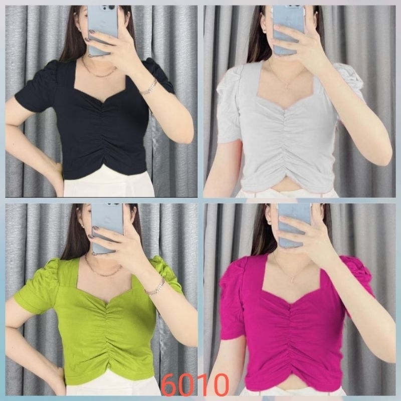 crop top square neck wanita-crop top puff sleeve kekinian-6010