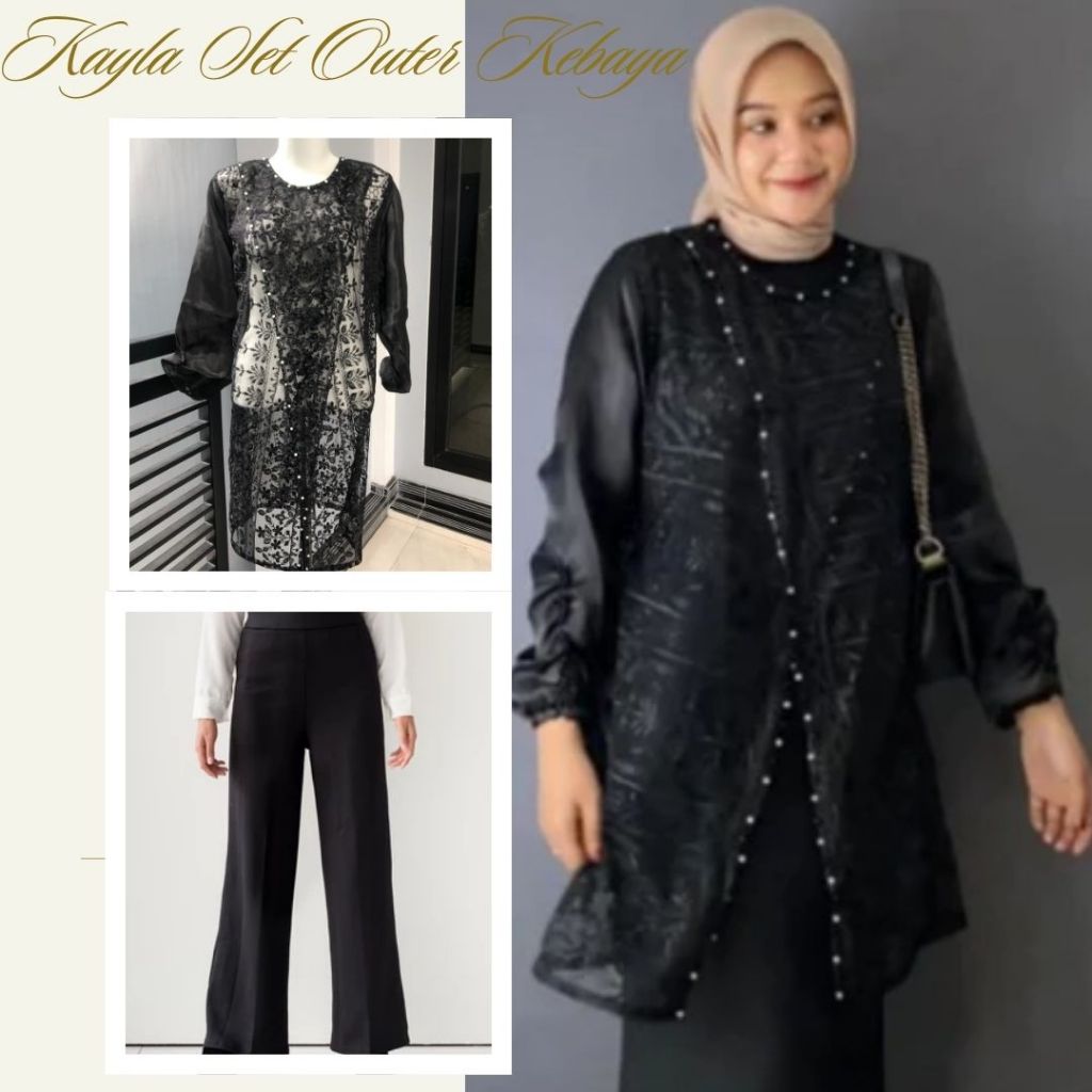Kayla Set Outer Kebaya / Outer Tunik Brukat + Kulot + Bella Hijab Style Setelan 3IN1 Lebaran