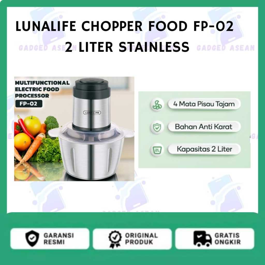 LUNA LIFE CHOPPER ELECTRIC FOOD PROCESSOR FP-02 2 LITER STAINLESS