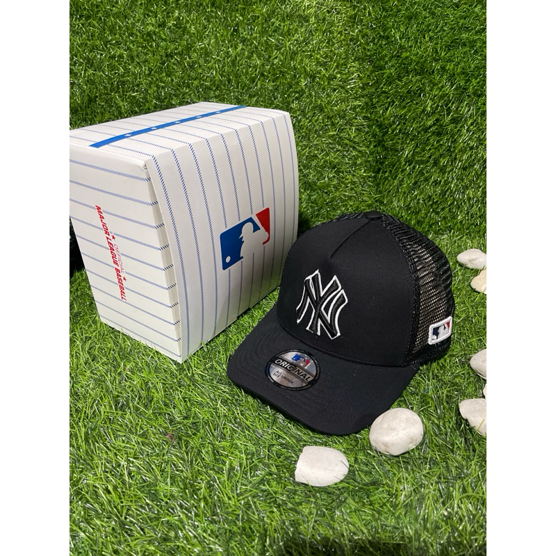 NY Hitam List Putih Bahan Hitam Trucker Hitam Topi Premium MLB
