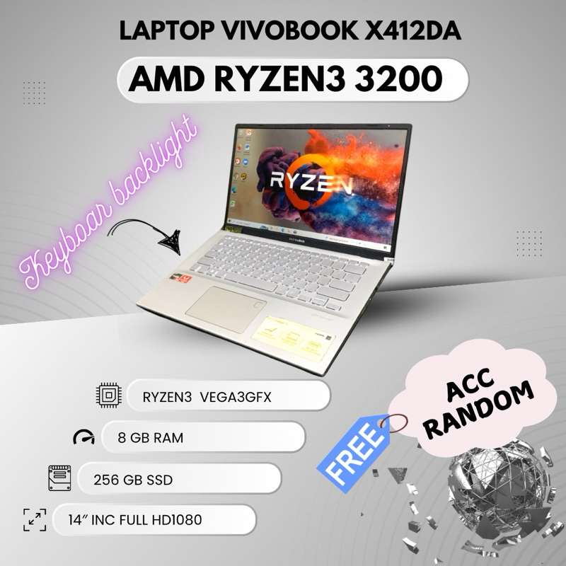 Laptop ASUS Vivobook X412DA Ryzen 3 • AMD dRyzen 3 3200U • ⁠Amd Vega 3 ⁠Gfx * Windows 10 pro 64-bit 