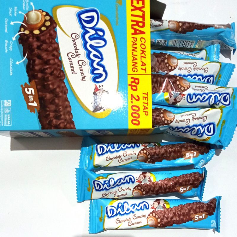 

Dilan chocolate crunchy caramel kemasan 1 bok isi 12 bungkus @21g.