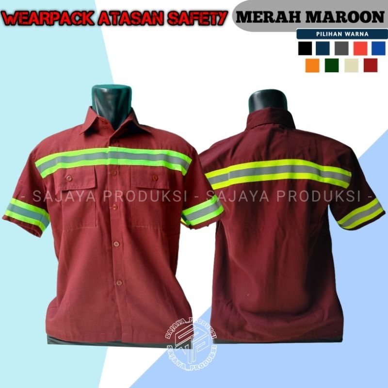 Atasan kemeja safety lengan pendek warna merah maroon | wearpack atasan safety kemeja k3 lengan pend
