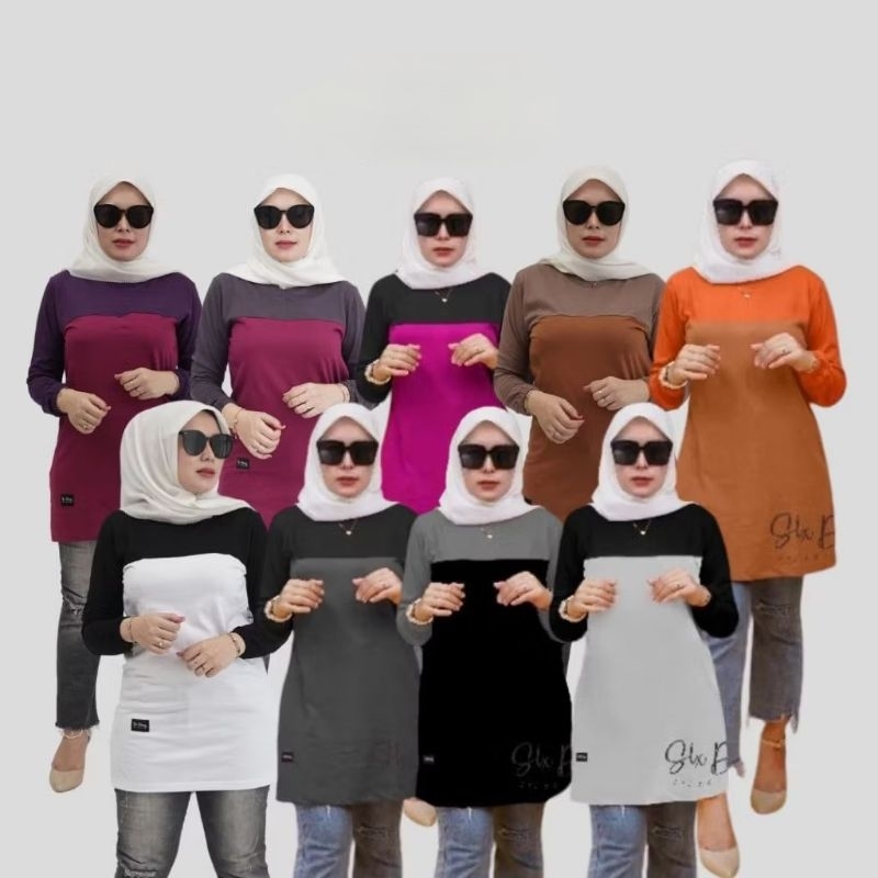 Tunik polos kombinasi horizontal lengan panjang karet