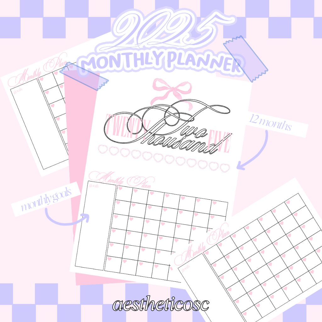 

MONTHLY CALENDAR coquette aesthetic pink an blue 2025 new year
