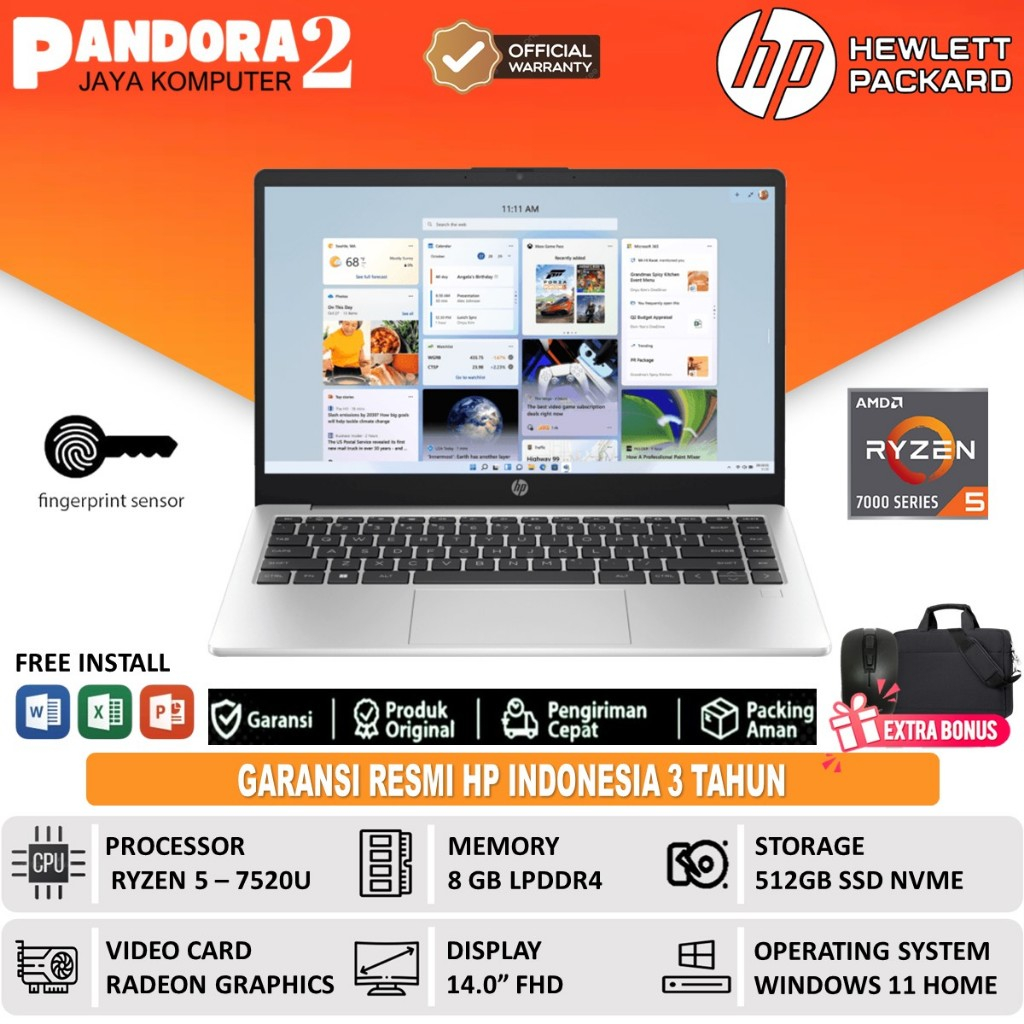 Laptop GAMING HP 245 G10 AMD Ryzen 5 7520 8GB 512GB 14 FHD Windows 11 Terbaru Original
