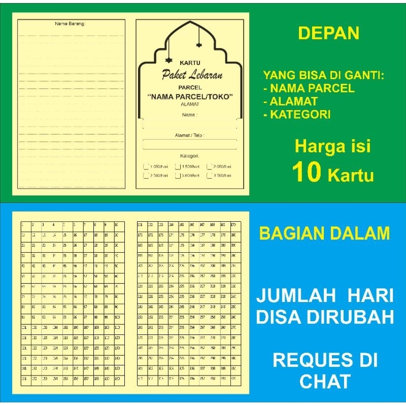 

KARTU PAKET LEBARAN HARIAN isi 10 / KARTU PARCEL / KARTU ANGSURAN PAKET SEMBAKO