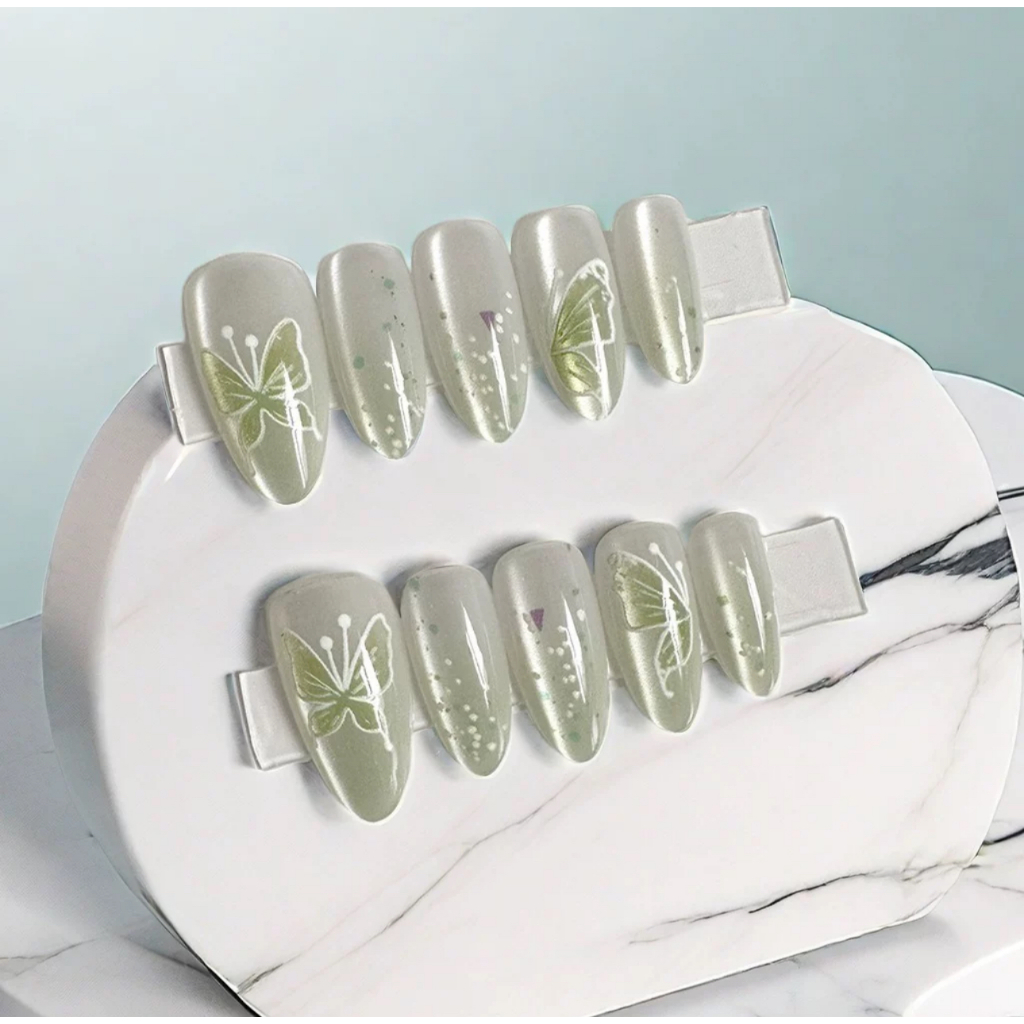 Almond Green Butterfly - Kuku Palsu + Lem - Korean Premium Nails PRESS ON NAILS FAKE NAILS Nail Art