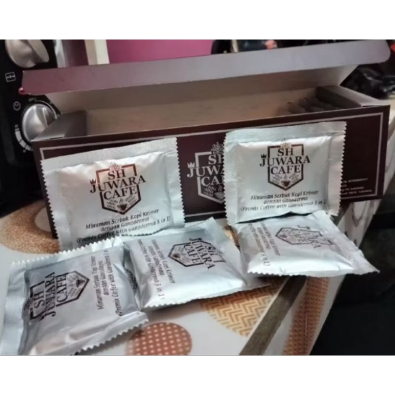 

Kopi SH JUWARA CAFE warna silver isi setengah BOX ( 10 shacet)