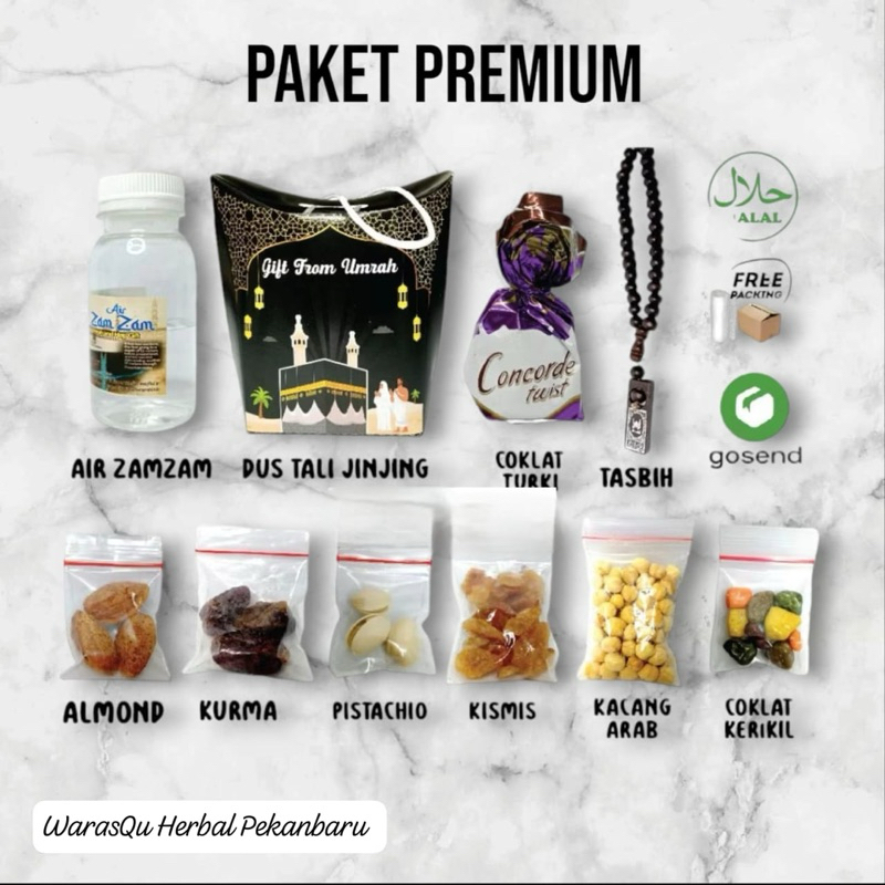 

Paket Gift Oleh Oleh Haji dan Umrah Paket Dus Jinjing || Kismis | Coklat | Pistachio | Kacang Arab | Tasbih | Air Zam Zam ||