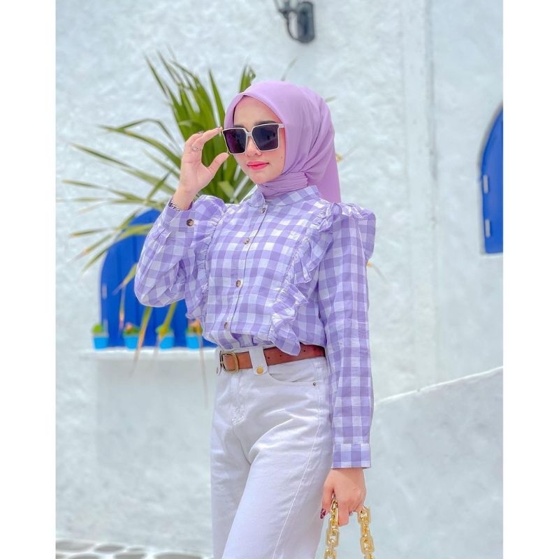 ♥️ LUYIX ♥️ SALE - Una top blouse kotak kotak rempel bahu| atasan wanita