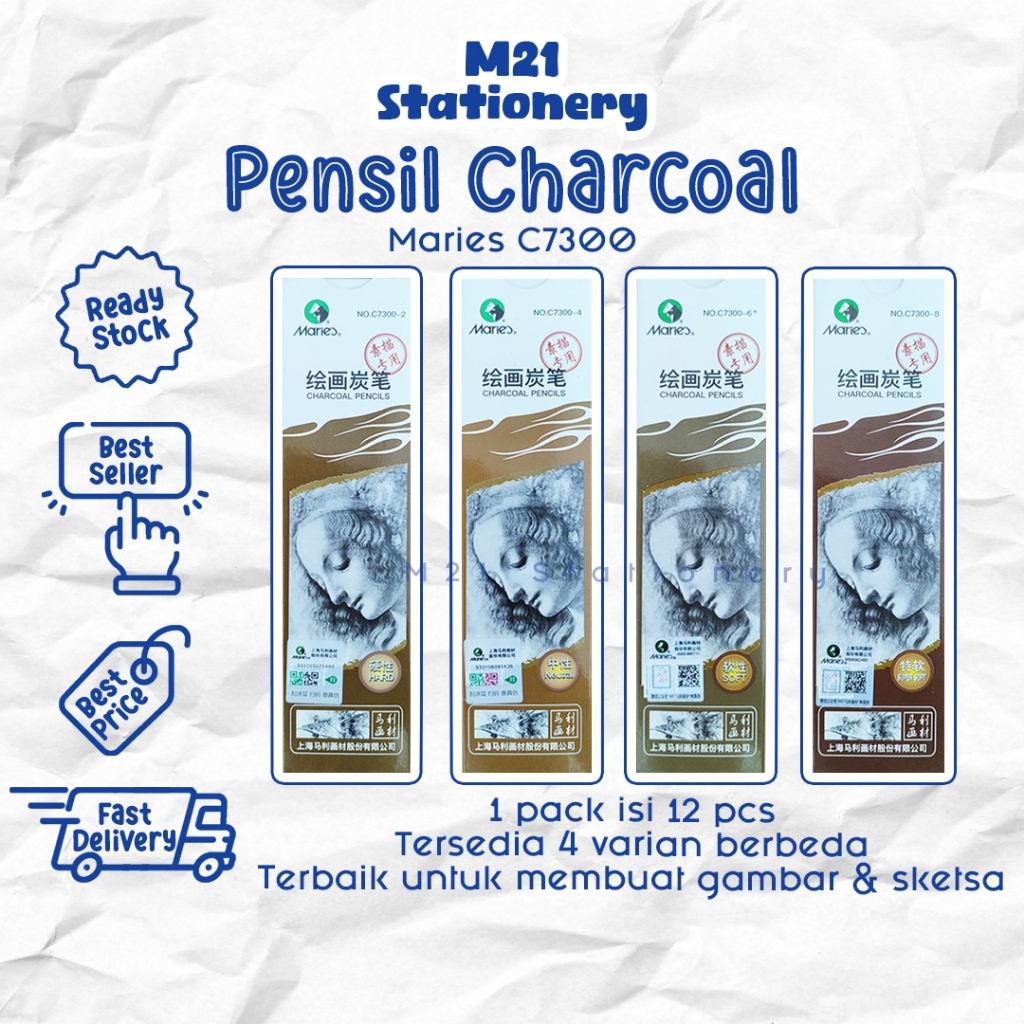 

(1 PCS) PENSIL MARIES C7300 / C7300-6+ C7300-8 C7300-2 C7300-4 hard neutral netral super soft charcoal sketch pencil kayu arang pena original graphite gambar menggambar sket art lukis murah / m21 stationery jogja