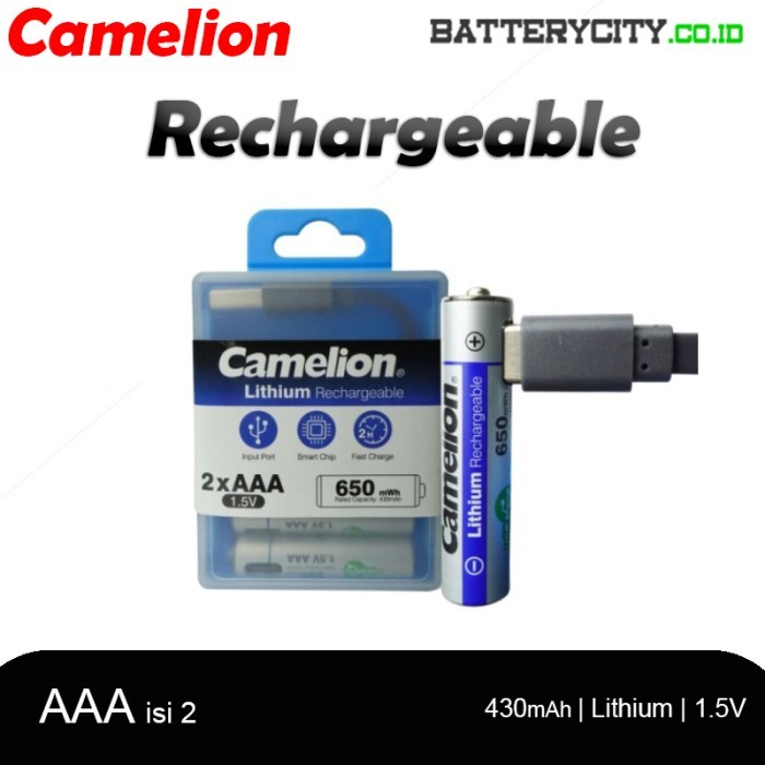 Camelion Lithium Rechargeable Battery 2xAAA 1.5V 650 mWH (430mAh) USB Type-C Charger
