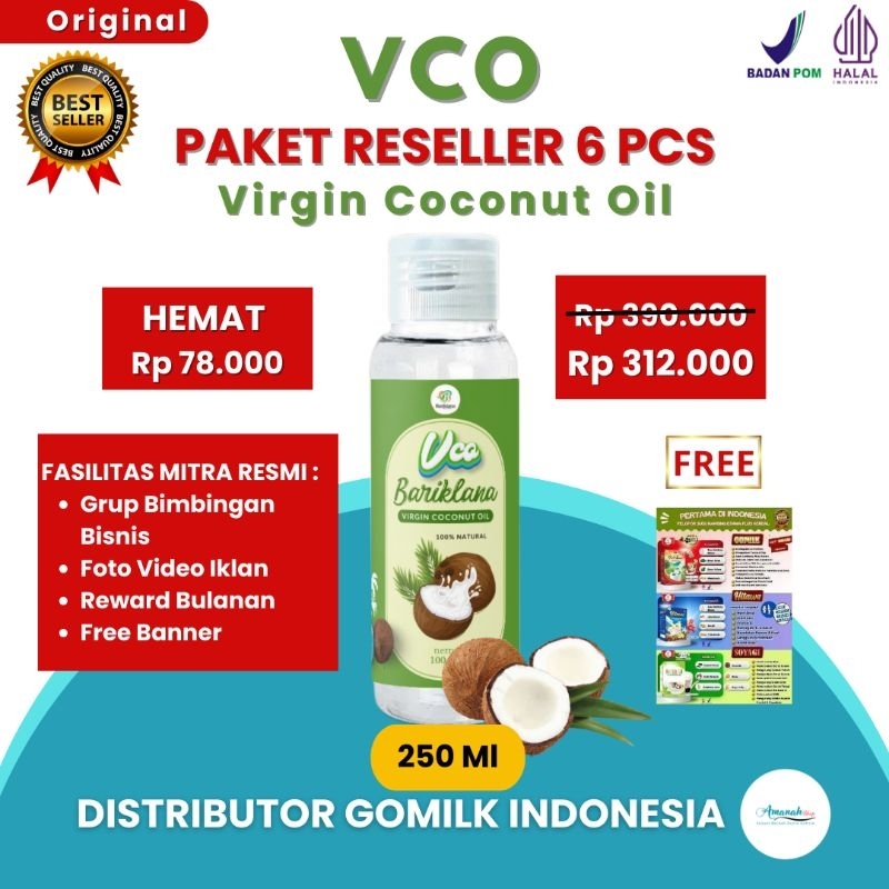 

[BISA COD + GARANSI] [GRATIS BANNER] [PAKET RESELLER 6 PCS] VIRGIN COCONUT OIL/VCO BARIKLANA 250ml