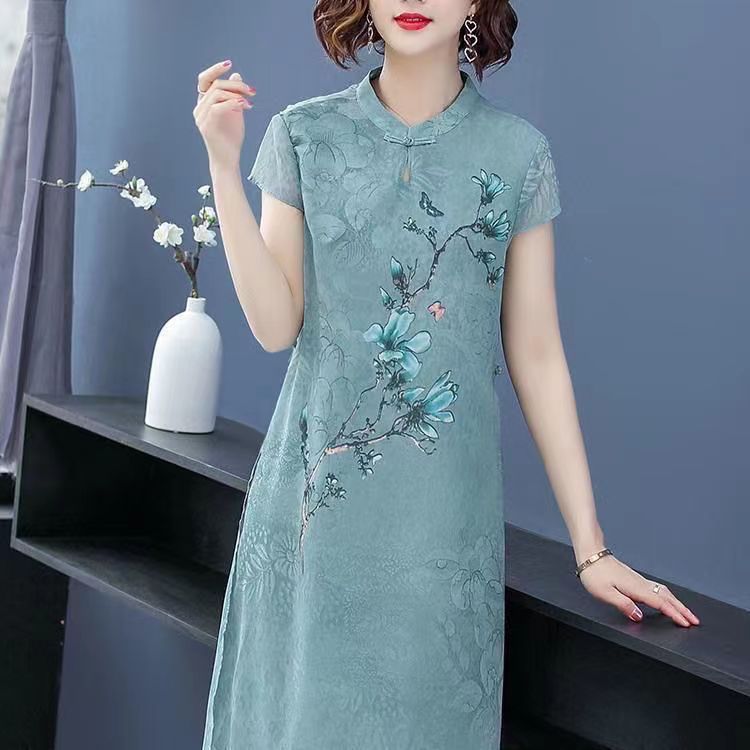 Retro Stand Collar Buckle Modified Cheongsam Dress plus Size Loose