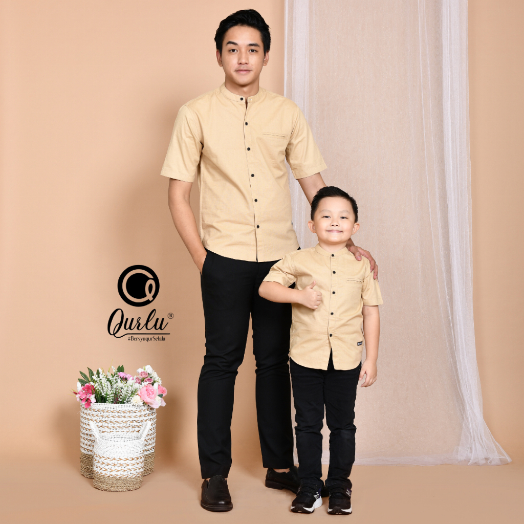 Qurlu - Kemeja Koko Dewasa/Anak warna COKLAT MUDA/CREAM (baju couple ayah dan anak laki-laki) Baju K