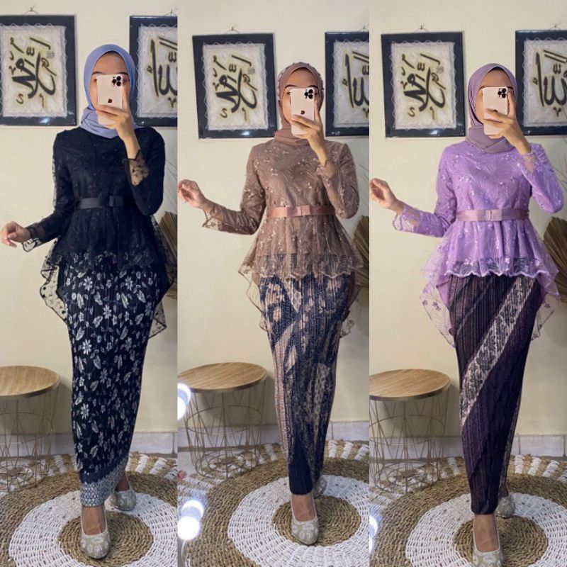 Set Kebaya Aurora Tile Pita / Kebaya Tille Mix Rok Plisket Pingwin Batik by Qiana / Kebaya Wisuda Mo