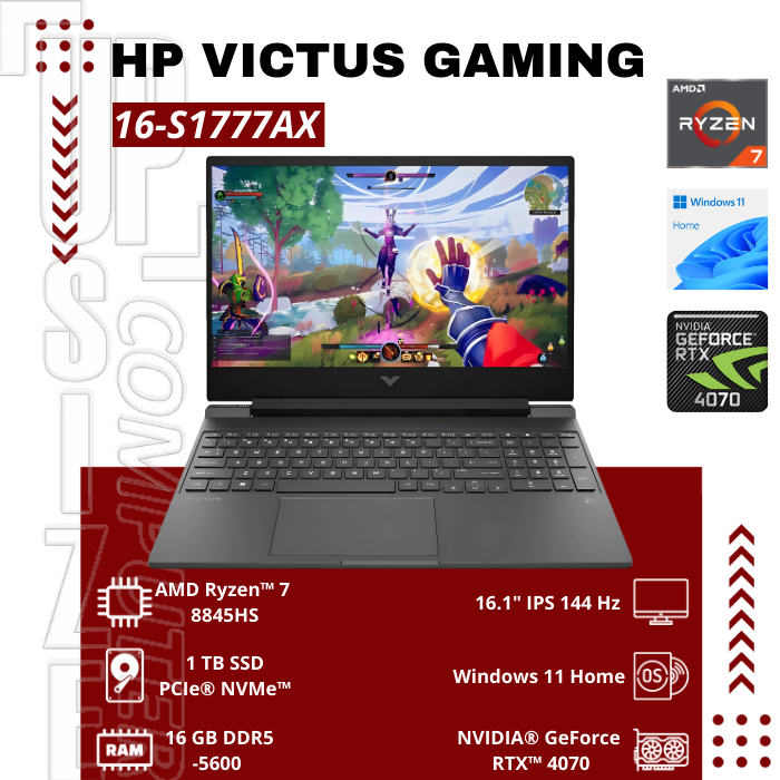 LAPTOP GAMING HP VICTUS 16-S1777AX RYZEN 7 8845HS 1TB RTX4070 16.1 FHD W11 OHS