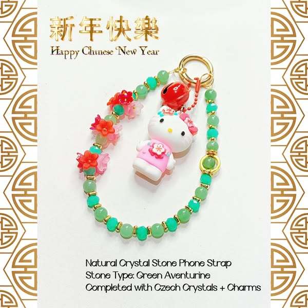 CUSTOM PHONE STRAP CRYSTAL STONE ASLI BATU ALAM NATURAL KEBERUNTUNGAN LUCKY HELLO KITTY HK SANRIO IM