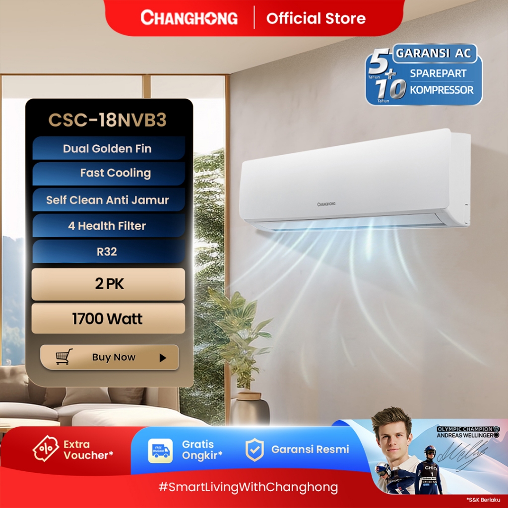 CHANGHONG AC 2 PK STANDARD CSC 18NVB3 [INDOOR + OUTDOOR UNIT ONLY]   [FAST COOLING] [ECO MODE]