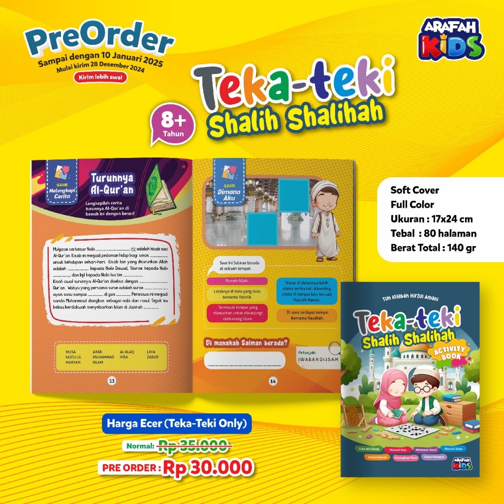 Foto Teka-Teki Shalih Shalihah FULL COLOR Activity Book Usia 8+ Liburan Seru Penuh Ilmu dan Nilai Islami Buku Islami Anak Penerbit Arafah Kids