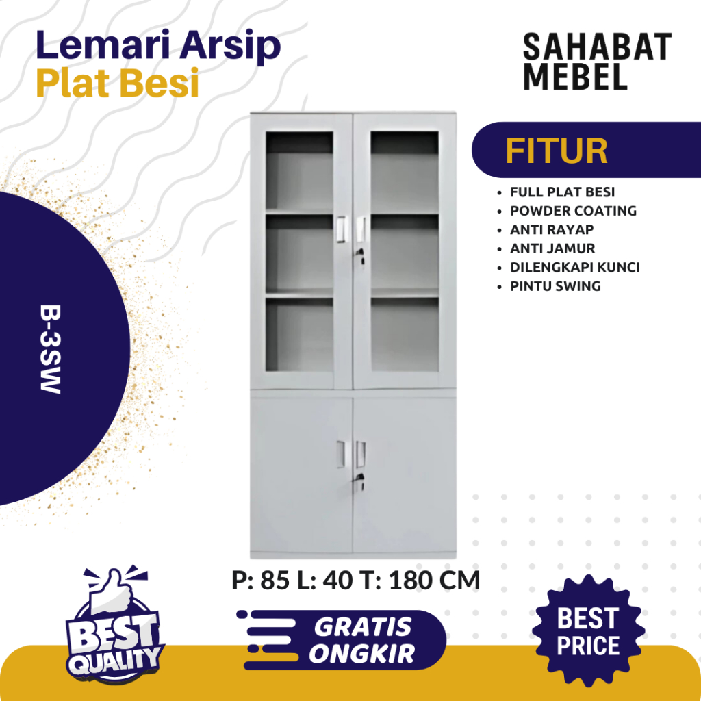 Lemari Arsip B 3SW - Filling Cabinet Plat Besi Sliding Door / Almari Buku Swing Door