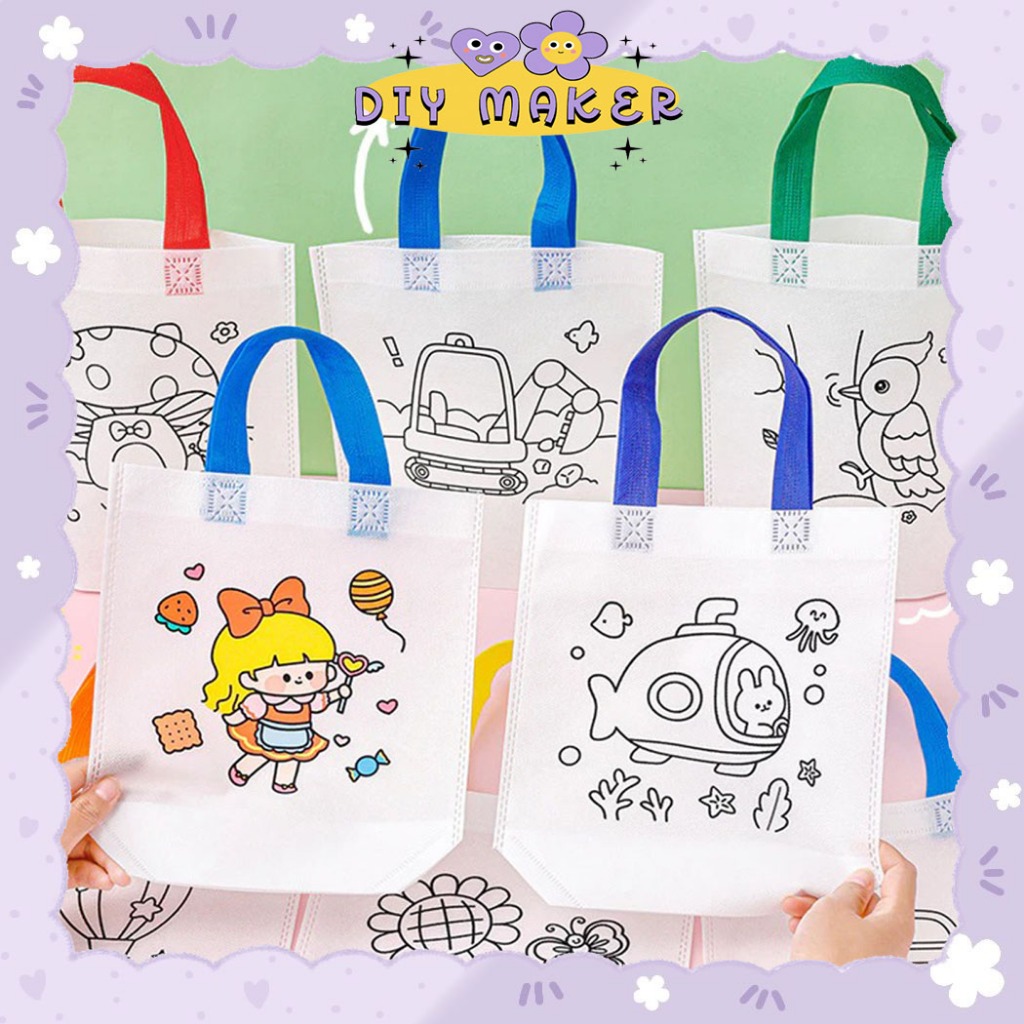

DM Handmade Goodie Bag Totebag DIY Painting Graffik Kindergarten Painting Coloring Handbag Lucu ST34