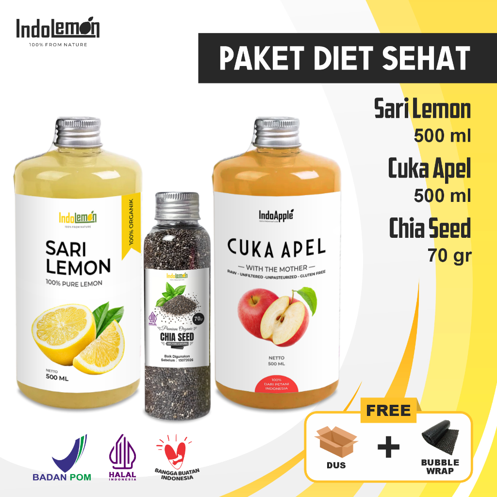 

PAKET DIET DETOX 3IN1 - SARI LEMON 500ML, CUKA APEL 500ML, CHIA SEED 70GR - DIET SEHAT JSR HALAL