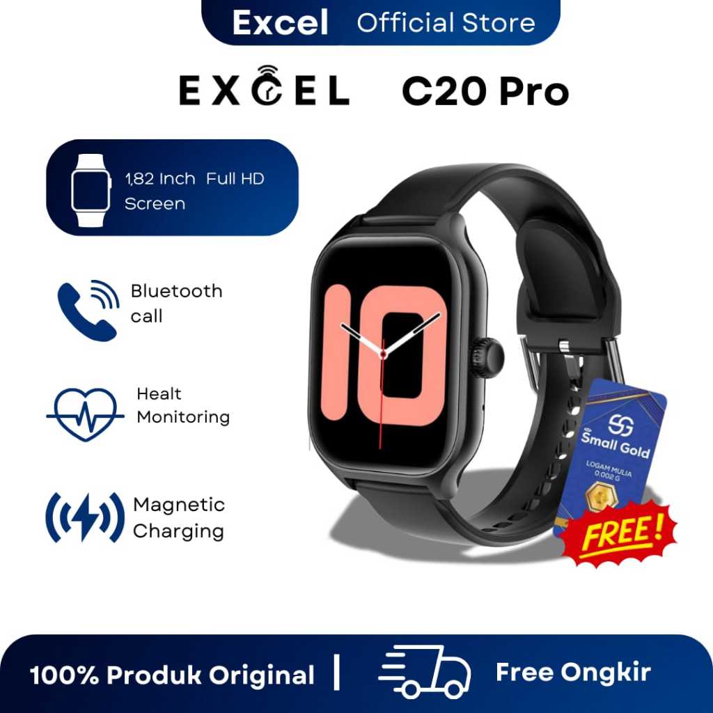 (COD) Excel Smartwatch C20 Pro 1,72 inch full hd screen, FREE GOLD | fitness, running, bluetooth cal