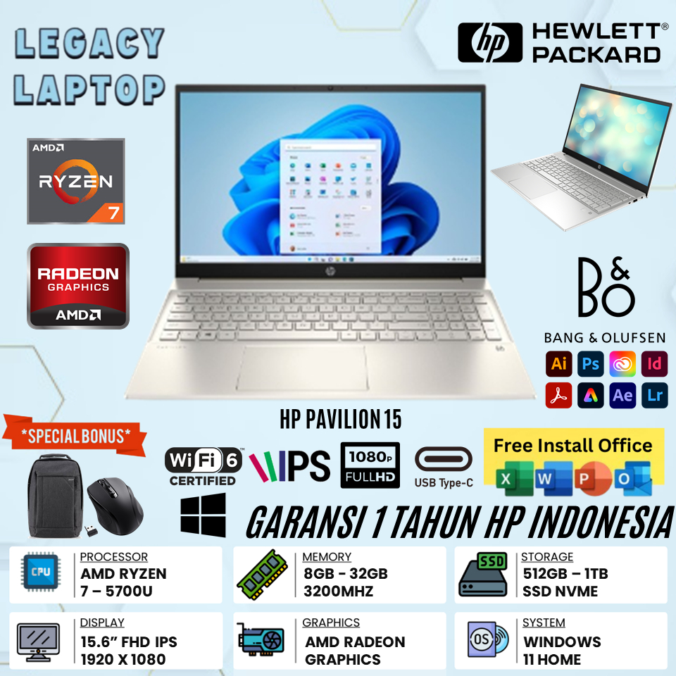 Laptop Hp Pavilion 15 Amd Ryzen 7 5700U Ram 32GB 1TB SSD 15 Inch FHD IPS Windows 11
