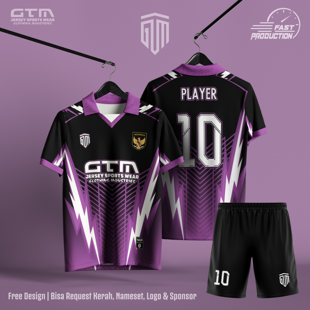 Jersey Bola Futsal Hitam Ungu Kerah Retro ~ Free Custom Design 0015