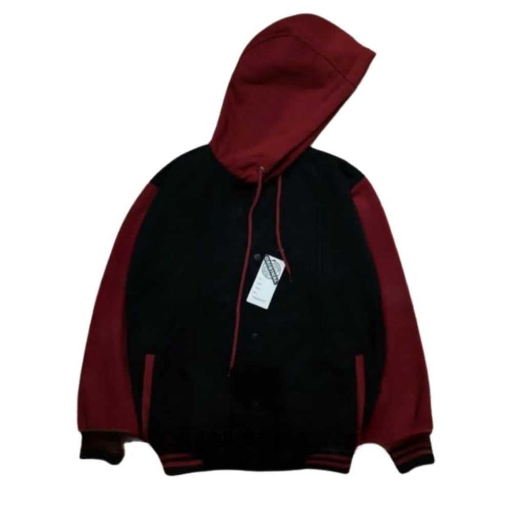 BESTPROMO JAKET VARSITY BASEBALL HITAM CREAM POLOS - JAKET HOODIE VARSITY MODEL KANCING PREMIUM